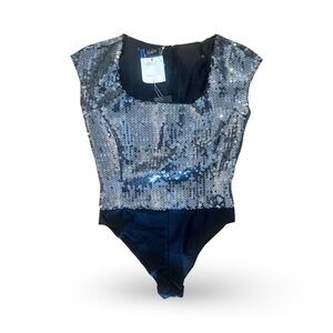 CLAUDE MONTANA Sequin Bodysuit with Cap Sleeves